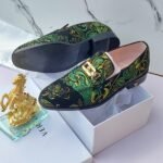 Men's Black and Green Embroidered Loafers