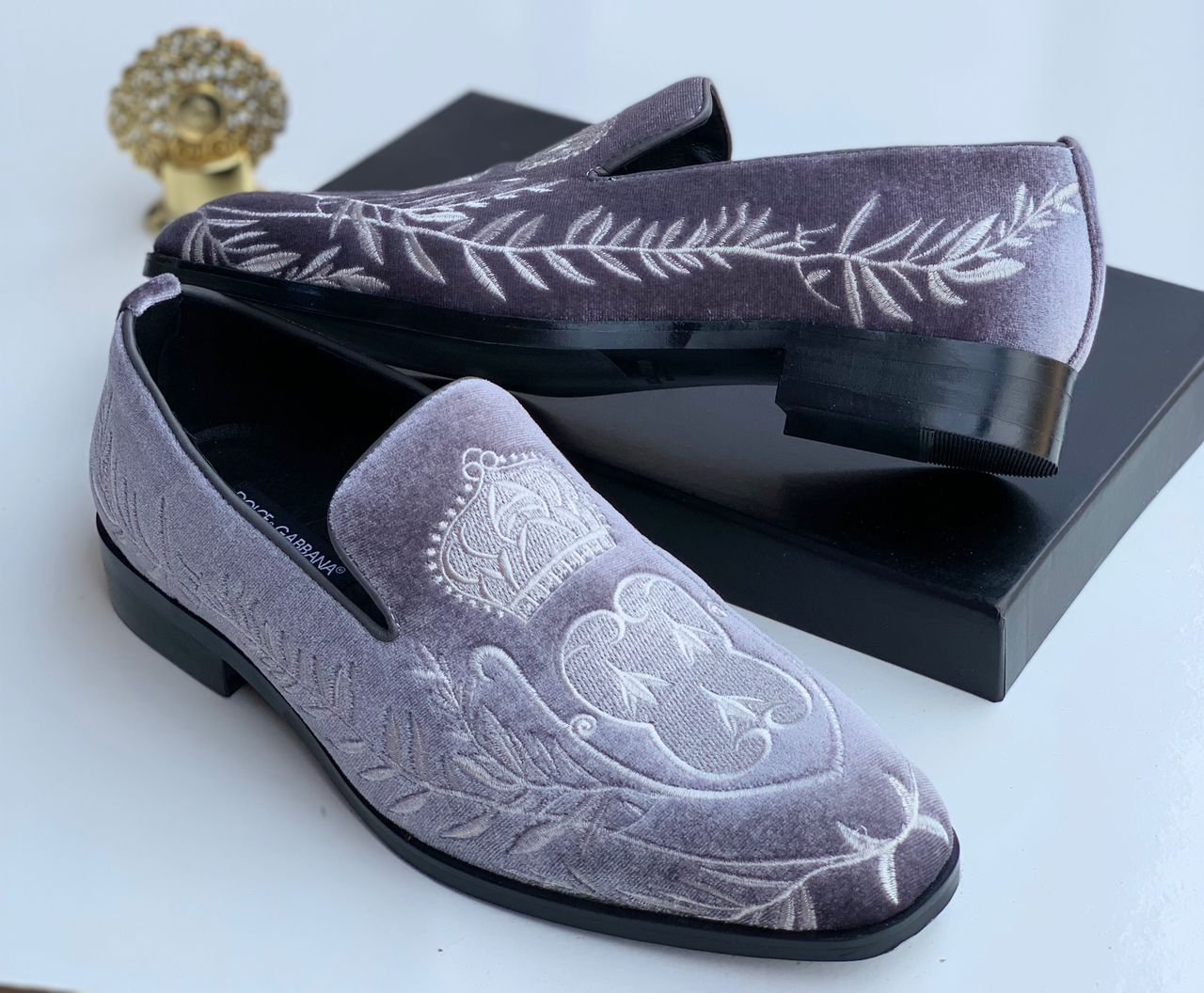 jukel shoes (56) Men's Grey Velvet Embroidered Loafers - Image 1