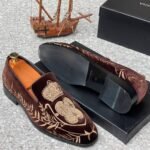 Men's Brown Velvet Embroidered Loafers