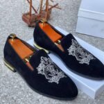 Men's Black Velvet Embroidered Loafers