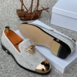 Men's White and Gold Embellished Loafers