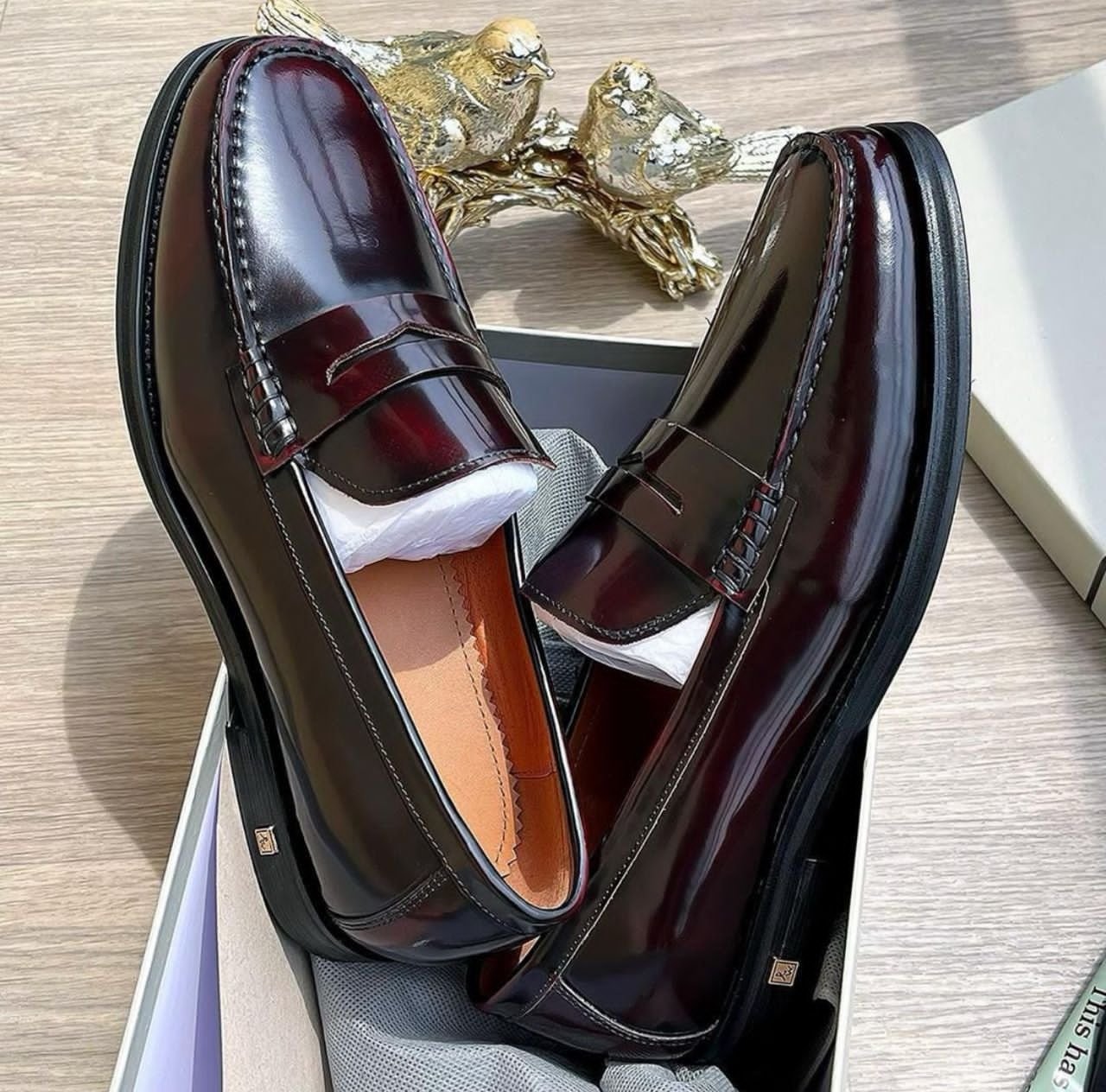 jukel clothiers products (64) Men's High-Shine Burgundy Penny Loafers - Image 1